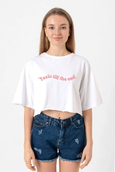 Rose Toxic Till The End Beyaz Kadın Crop Tshirt ürün görseli 1