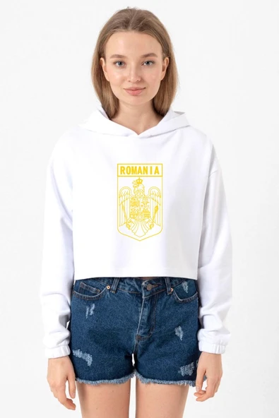 Romania Coat Arms Beyaz Optik Kadın Crop Kapşonlu ürün görseli 1