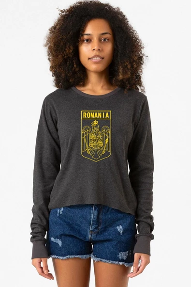 Romania Coat Arms Füme Ekstra Uzunkol Sweatshirt ürün görseli 1