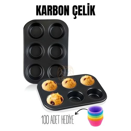 Zhltools 6 lı Muffin Kalıbı Teflon Çelik  100 Muffin Kağıtlı ürün görseli 1