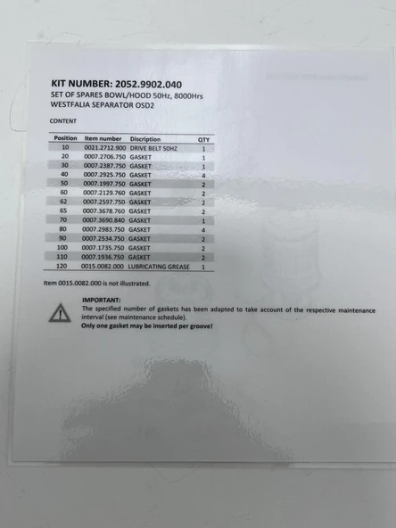 Westfalia Separatör OSD2 Conta Seti 2052.9902.040 - Resim 6