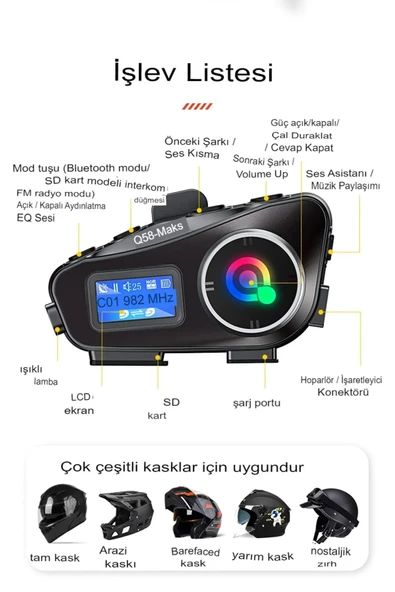 Q58-Max Radyolu 2 Kişi Bağlantılı Bluetooth Kask Kulaklık Ekranlı Fenerli Müzik Ve Telsiz Intercom ürün görseli 1