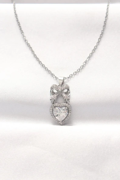 316L Çelik Silver Renk Zirkon Taşlı Kalpli Fiyonk Kolye - TJ-BKO8519 ürün görseli 1