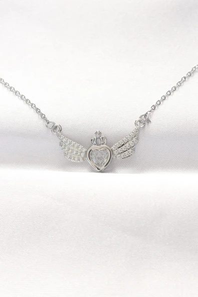 316L Çelik Silver Renk Zirkon Taşlı Kalpli Kanat Kolye - TJ-BKO8515 ürün görseli 1