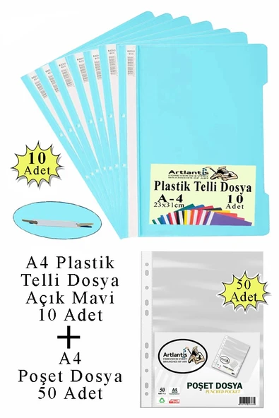 Telli Dosya Plastik A4 10 lu ve Poşet Dosya 50 li 1 Paket Ekonomik Kaliteli Şeffaf Kapak Telli Dosya Okul Büro Ofis ürün görseli 1
