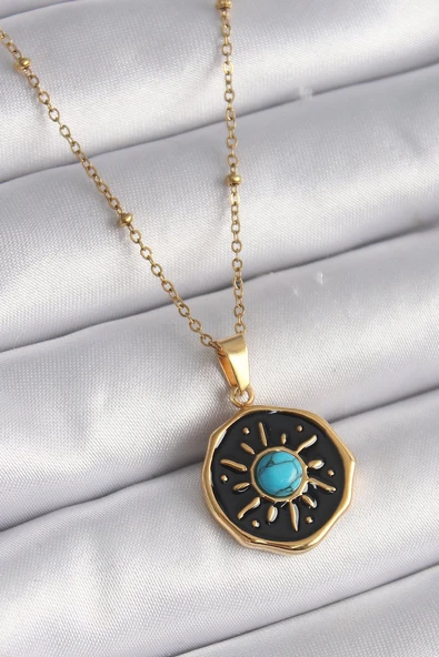 316L Çelik Gold Renk Mavi Boncuk Güneş İşleme Madalyon Model Kadın Kolye - TJ-BKO9524 ürün görseli 1