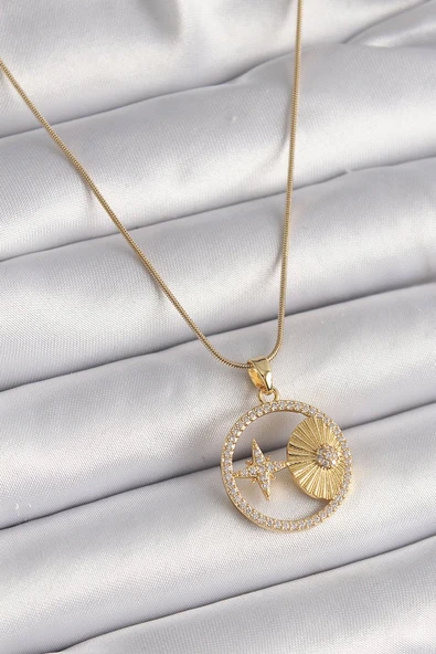 316L Çelik Gold Renk Zincir Zirkon Taşlı Yıldız İşleme Madalyon Model Kadın Kolye - TJ-BKO9636 ürün görseli 1