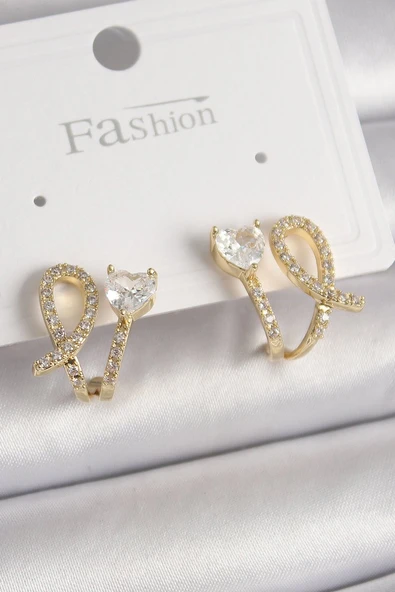 Pirinç Gold Renk Düğüm Model Zirkon Taşlı Kalp Detay Kadın Küpe - TJ-BKP9909 ürün görseli 1