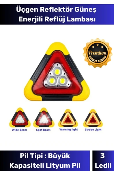 Premium Su Geçirmez 3 Ledli Solar Üçgen Reflektör Güneş Enerjili Refluj Araba Oto Lambası ürün görseli 1