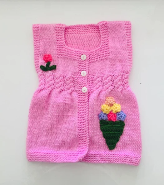 Örgü Pembe Çiçekli Kız Bebek Yeleği ürün görseli 1