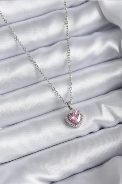 Çelik Mavi Kristal Kalp Kolye Silver Okyanusun Kalbi Pembe ürün görseli 1