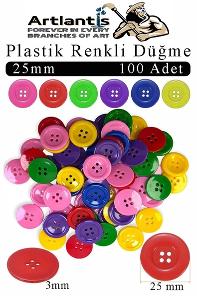 Renkli Düğme Plastik 2.5 cm 100 lü 1 Paket 25mm Plastik Renkli Düğme Dikiş Parlak Yuvarlak 4 Delikli Düğme Etkinlik Okul ürün görseli 1