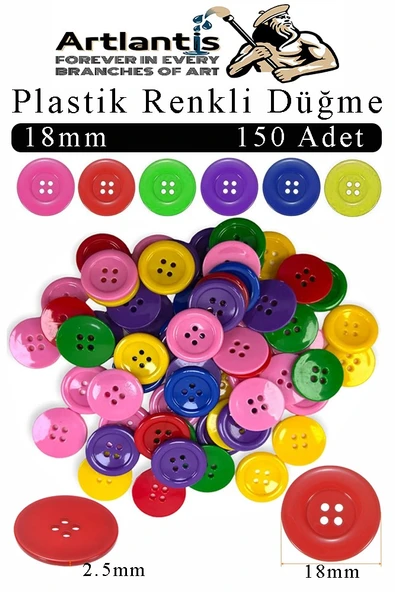 Renkli Düğme Plastik 1.8cm 150 li 1 Paket 18 mm Plastik Renkli Düğme Dikiş Parlak Yuvarlak 4 Delikli Düğme Etkinlik Okul ürün görseli 1