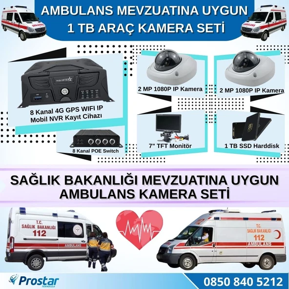 Ambulans Mevzuatına Uygun 2 Kameralı 8 Kanal Mobil NVR 1 TB 7 inç Monitörlü Tak Kullan Set ürün görseli 1