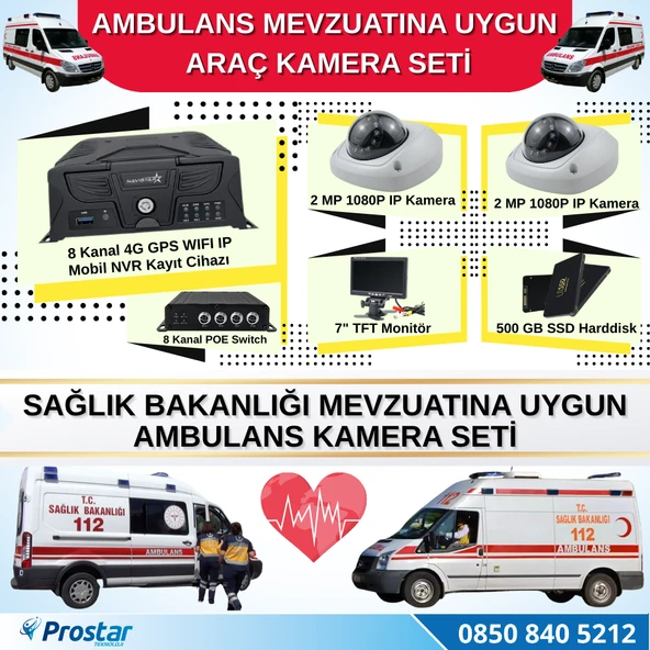 Ambulans Mevzuatına Uygun 2 Kameralı 8 Kanal Mobil NVR 500 GB 7 inç Monitörlü Tak Kullan Set ürün görseli 1