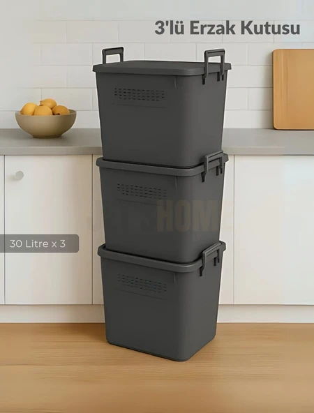 3’lü Set Soğanlık Sepet Havalandırmalı Erzak Kutusu Bpa Free Sebzelik Saklama Kutusu Antrasit 90 Lt ürün görseli 1