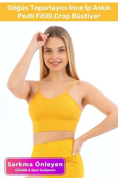 Özel Üretim Göğüs Toparlayıcı Sarkma Önleyen Spor Günlük İnce İp Askılı Pedli Fitilli Crop Büstiyer ürün görseli 1