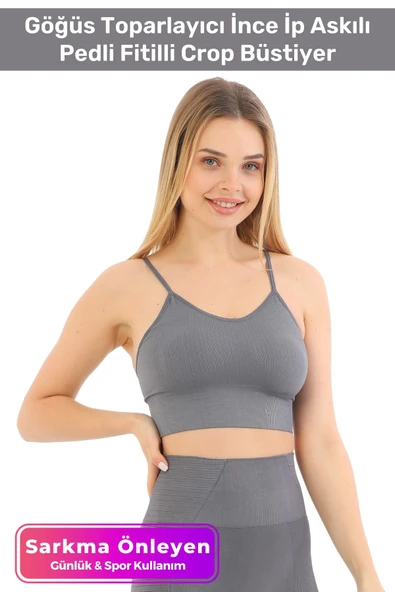 Özel Üretim Göğüs Toparlayıcı Sarkma Önleyen Spor Günlük İnce İp Askılı Pedli Fitilli Crop Büstiyer ürün görseli 1