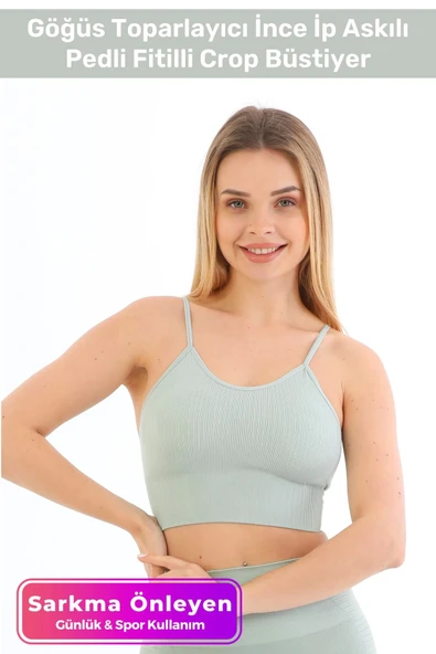 Özel Üretim Göğüs Toparlayıcı Sarkma Önleyen Spor Günlük İnce İp Askılı Pedli Fitilli Crop Büstiyer ürün görseli 1