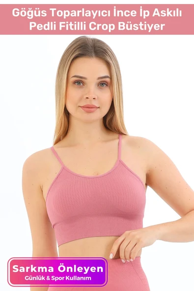 Özel Üretim Göğüs Toparlayıcı Sarkma Önleyen Spor Günlük İnce İp Askılı Pedli Fitilli Crop Büstiyer ürün görseli 1