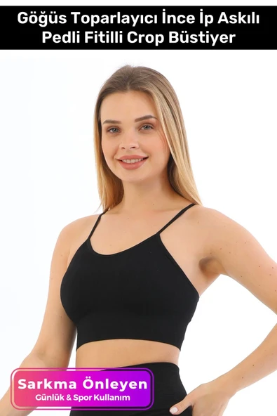 Özel Üretim Göğüs Toparlayıcı Sarkma Önleyen Spor Günlük İnce İp Askılı Pedli Fitilli Crop Büstiyer ürün görseli 1