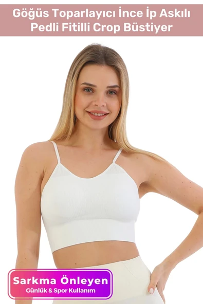 Özel Üretim Göğüs Toparlayıcı Sarkma Önleyen Spor Günlük İnce İp Askılı Pedli Fitilli Crop Büstiyer ürün görseli 1