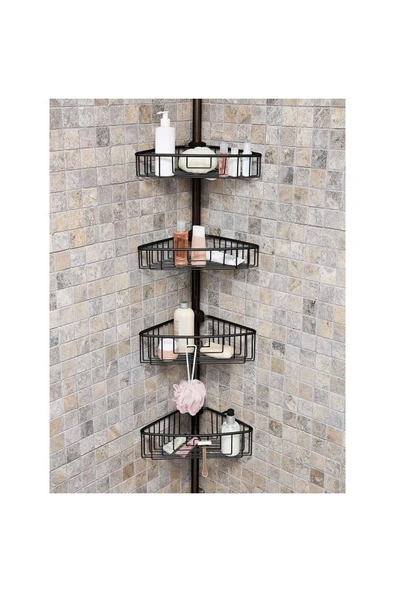 Aluminyum 4 Raflı Yaylı Banyo Köşe Seti Siyah ürün görseli 1