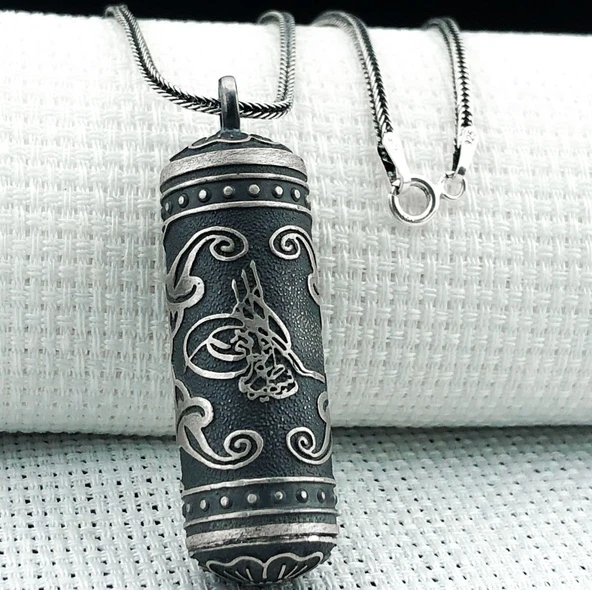 Silindir 925 Ayar Osmanlı Tuğralı Cevşen Muska Kabı Kolye ürün görseli 1