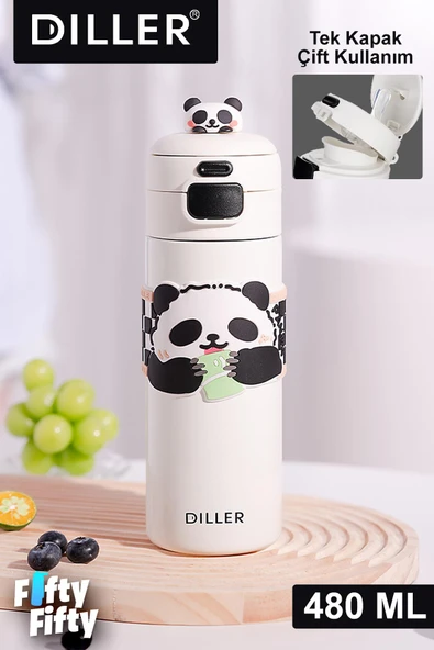 DILLER 480 ML Tek Kapak Çift Kullanım Pipetli/Pipetsiz Taşıma Kulplu Vacum Cup/Çelik Termos -FFD9240 ürün görseli 1