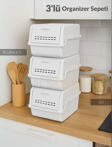 3'lü Set Organizer Erzak Kutusu Bpa Free Saklama Kutusu Soğanlık Sebzelik Sepet Gri 8 Lt x 3 ürün görseli 1