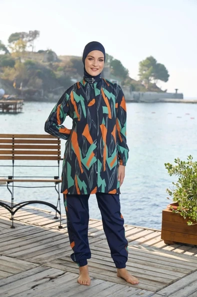 Estiva 25963  Kadın Tam Kapalı Fermuarlı Geometrik Desenli Lacivert Tesettür Mayo ürün görseli 1