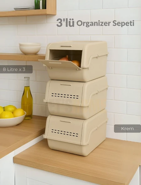 3'lü Set Organizer Erzak Kutusu Bpa Free Saklama Kutusu Soğanlık Sebzelik Sepet Krem 8 Lt x 3 ürün görseli 1