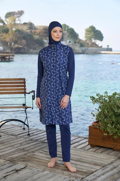 Estiva 25944 Lacivert Fermuarlı Geometrik Desenli Tam Boy Tesettür Mayo ürün görseli 1