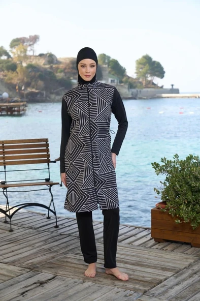 Estiva 25946 Siyah Fermuarlı Geometrik Desenli Tam Boy Tesettür Mayo ürün görseli 1
