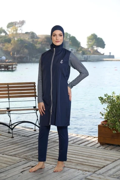 Estiva 25950 Lacivert Marin Fermuarlı Desenli Tam Boy Tesettür Mayo ürün görseli 1