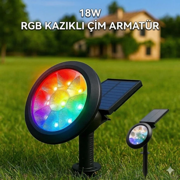 18w Led Solar Kazıklı Çim Armatür Cata Güneş Enerjili Çim Lambası Bahçe Aydınlatma RGB ürün görseli 1