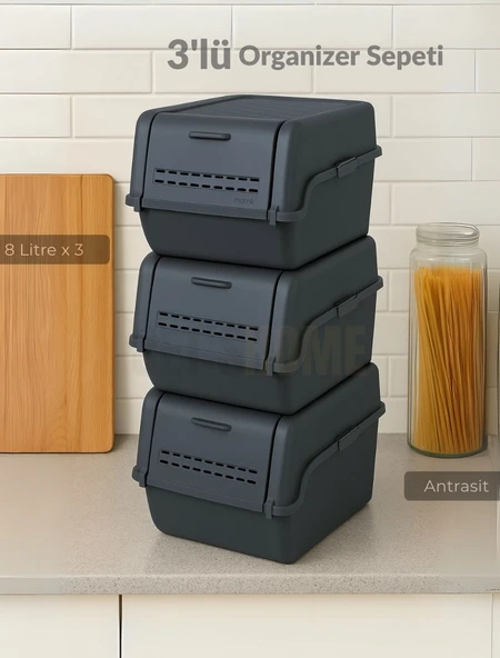 3'lü Set Organizer Erzak Kutusu Bpa Free Saklama Kutusu Soğanlık Sebzelik Sepet Antrasit 8 Lt x 3 ürün görseli 1