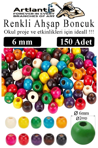 Renkli Ahşap Boncuk 6mm 150 li 1 Paket Renkli Ahşap Boyalı Yuvarlak Doğal Boncuklar Saç Takı Tasarım Ektinlik Kreş Okul ürün görseli 1