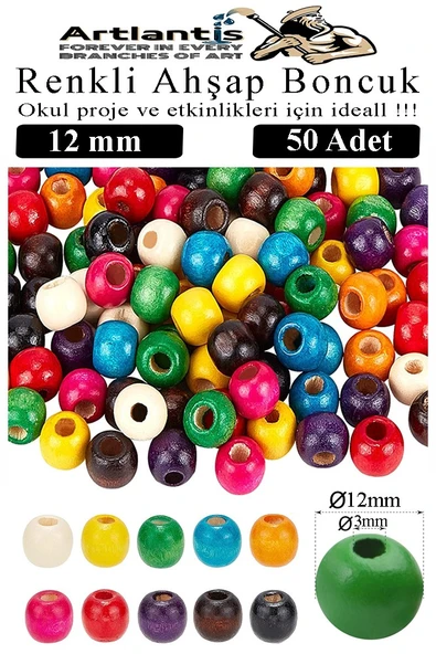 Renkli Ahşap Boncuk 12mm 50 li 1 Paket Renkli Ahşap Boyalı Yuvarlak Doğal Boncuklar Saç Takı Tasarım Ektinlik Kreş Okul ürün görseli 1