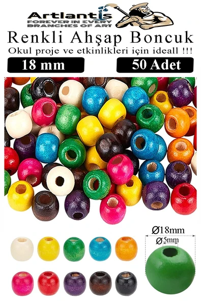 Renkli Ahşap Boncuk 18mm 50 li 1 Paket Renkli Ahşap Boyalı Yuvarlak Doğal Boncuklar Saç Takı Tasarım Ektinlik Kreş Okul ürün görseli 1