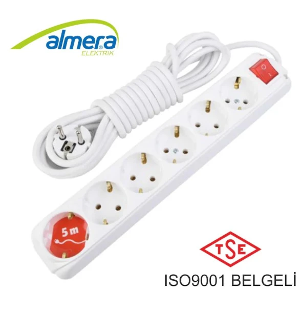 Almera 6'lı Ara Kablo ANAHTARLI Topraklı Grup Priz 5 metre ürün görseli 1