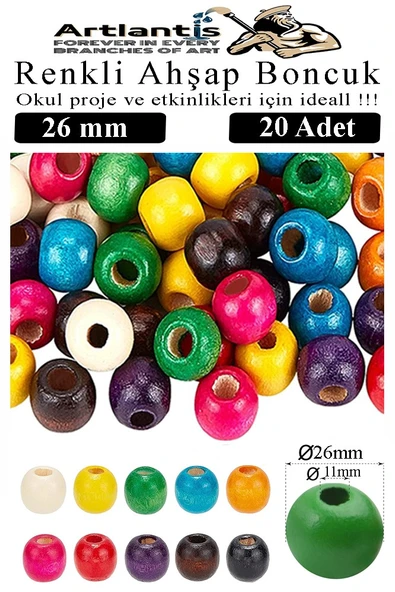 Renkli Ahşap Boncuk 26mm 20 li 1 Paket Renkli Ahşap Boyalı Yuvarlak Doğal Boncuklar Saç Takı Tasarım Ektinlik Kreş Okul ürün görseli 1