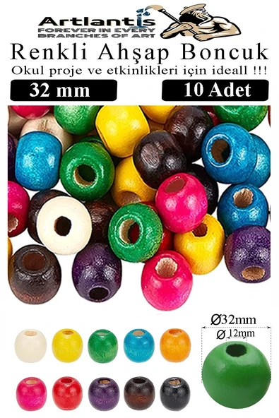Renkli Ahşap Boncuk 32mm 10 lu 1 Paket Renkli Ahşap Boyalı Yuvarlak Doğal Boncuklar Saç Takı Tasarım Ektinlik Kreş Okul ürün görseli 1