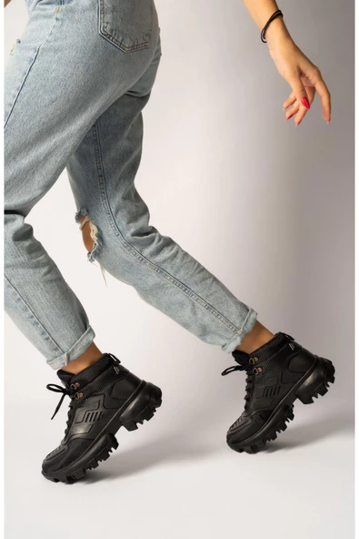 Muggo TİNA Garantili Kadın Kalın Tabanlı Bağcıklı Sneakers Spor Bot - Resim 5