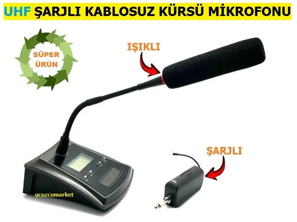 UHF TELSİZ KABLOSUZ KÜRSÜ MİKROFONU (ŞARJLI - IŞIKLI - YÜKSEK KALİTE SES) ürün görseli 1