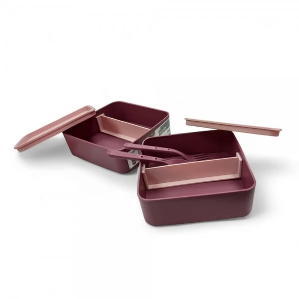 Kare 2 katlı plastik beslenme ve saklama kabı  14x10x pembe ürün görseli 1