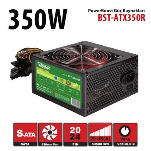 PowerBoost BST-ATX350R 350w, PPFC 12cm Kirmizi Fanli ATX PSU Power kablo Retail Box ürün görseli 1