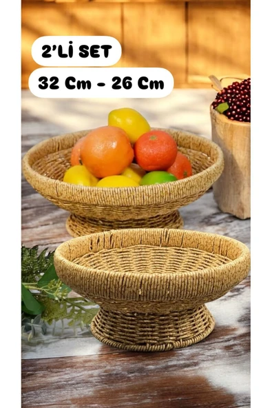 2'Li Set Yuvarlak 32 Cm ve 26 Cm Ayaklı Meyvelik 700696 Dekoratif Hasır Sunumluk Seti ürün görseli 1