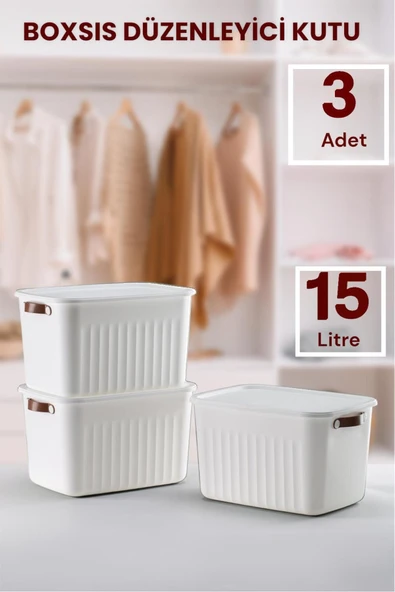 Boxsıs 3 Adet 15 Lt  Düzenleyici Kapaklı Kutu Storage Dekoratif Dolap İçi Organizer ürün görseli 1