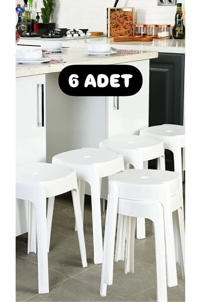 6 Adet Beyaz Kaymaz Ayaklı Dekoratif Iç Içe Geçebilen Plastik Tabure Mutfak Bahçe Taburesi ürün görseli 1